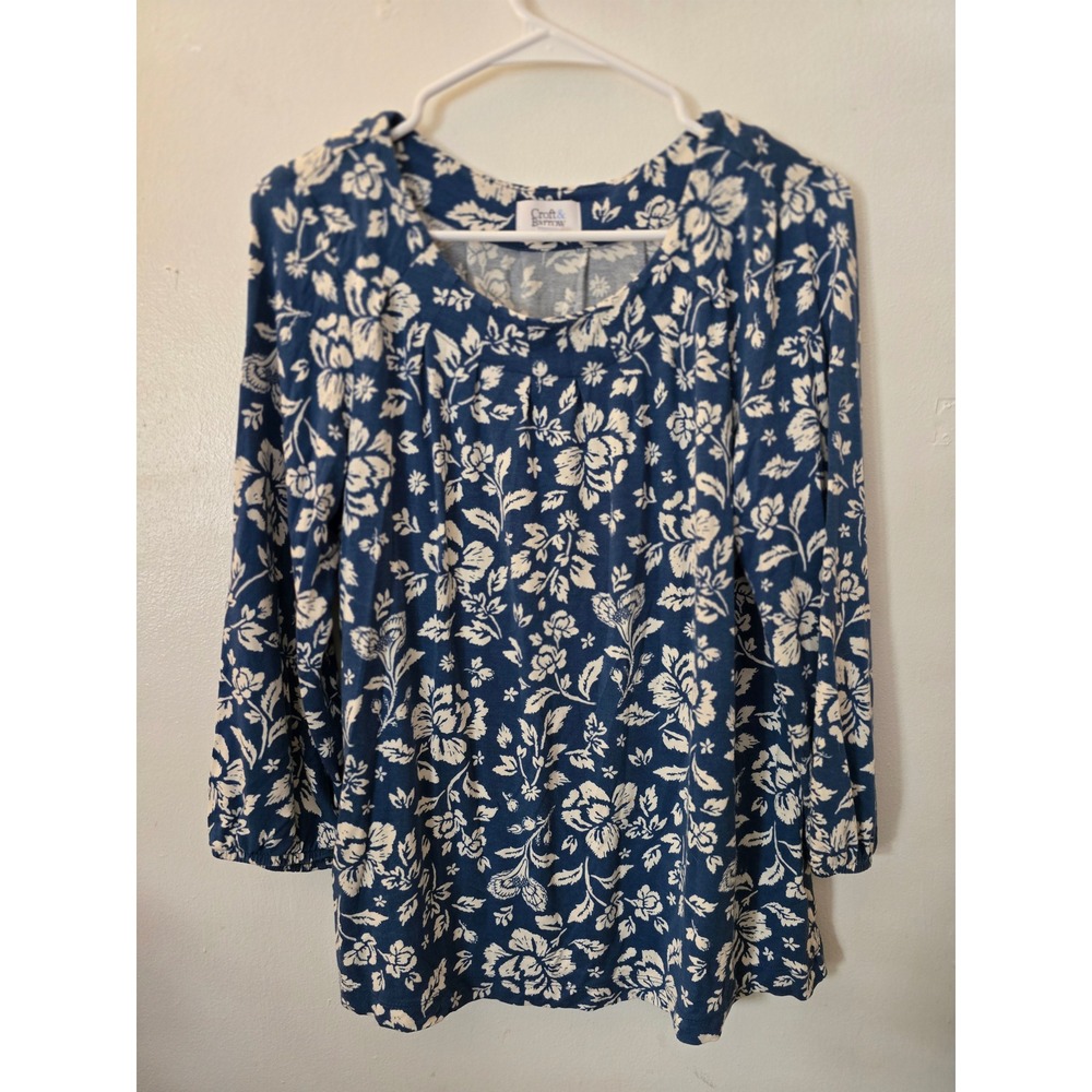 Croft‎ & Barrow Womens Small Navy Blue Floral Long Sleeve Pleated Scoop Neck Top